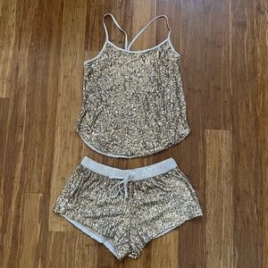 New Victoria's Secret Sequin  Set in Gold Top XS & Short S
